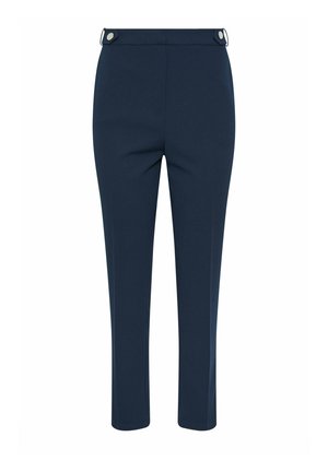 Marineblaue, maßgeschneiderte Hose mit hoher Taille und Knopflasche am Bund, gerader Beinschnitt.