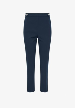 Navy blue tailored pants with high waist and button-tab detail at the waistband, straight leg fit.