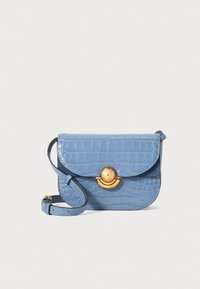 Blue faux crocodile leather shoulder bag with a rounded flap, gold hardware, and a detachable strap. Smooth texture and structured shape.