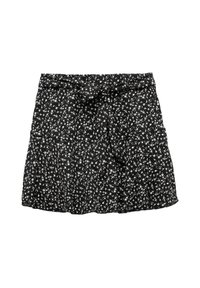 Jupe noire à fleurs comprenant de petites fleurs blanches, avec un design plissé, une taille ajustable avec un nœud et un tissu léger.