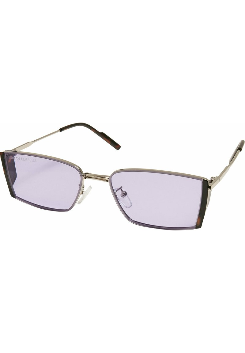 Lunettes de soleil rectangulaires teintées de violet avec une fine monture métallique et des accents en écaille sur les branches. Plaquettes de nez réglables incluses.