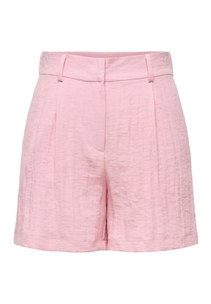 Pantaloni scurți din țesătură texturată roz deschis, cu talie înaltă, bucle pentru curea, pliuri frontale și croială lejeră.