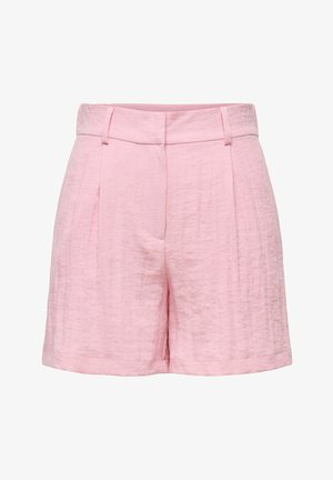 Pantaloni scurți din țesătură texturată roz deschis, cu talie înaltă, bucle pentru curea, pliuri frontale și croială lejeră.