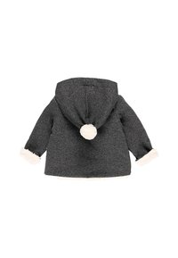 Dunkelgraue Kinderjacke mit Kapuze, weißen Kunstpelzbesätzen an den Bündchen und dem Saum sowie einem weißen Bommel auf der Rückseite der Kapuze.