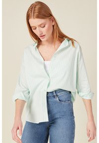 Camicia button-up a righe verde chiaro con vestibilità rilassata e maniche arrotolate, abbinata a jeans blu a vita alta. Colletto piatto e tessuto morbido.