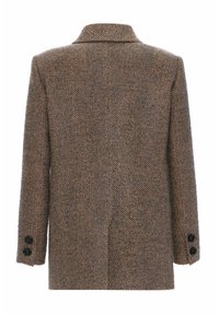 Ruskea ja harmaa hiirenkorvasarjan kuvioitu villakangas Takki näkyy takaa, jossa on kaulus ja kaksi mustaa nappia jokaisessa hihassa.