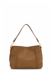 Pruun nahast käekott krobeline tekstuur, ümmargune kuju ja ühe õlarihmaga. Omadusteks on kuldse tooni riistvara ja õmbluste detailid.