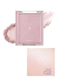 Rosa pressed powder highlighter i en klar eske, med en skimrende metallisk finish og stjernemønster. Inkluderer swatch på lys bakgrunn.