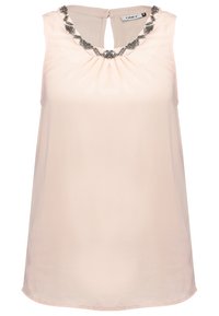 Blouse sans manches rose pâle avec une ouverture en forme de goutte d'eau dans le dos et une bordure à motif noir et blanc autour de l'encolure ronde.