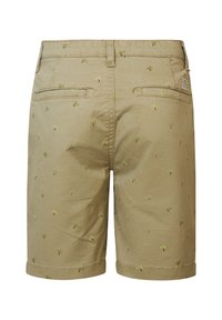 Pantaloni corti in cotone beige con ricami di palme verdi, due tasche posteriori e orlo piegato. Presenta un'etichetta sulla vita posteriore.