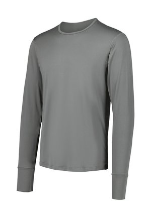 Camicia a maniche lunghe di colore grigio scuro, realizzata in tessuto morbido. Collo a girocollo con cuciture a contrasto. Presenta polsini aderenti e orlo dritto.