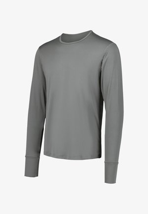 Langarmshirt in Dunkelgrau, aus glattem Stoff gefertigt. Rundhalsausschnitt mit kontrastierender Naht. Verfügt über eng anliegende Ärmelbündchen und einen geraden Saum.