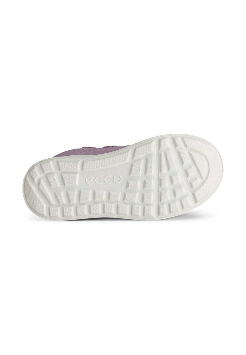 Lila Sneaker-Sohle mit weißem Gummi-Traktionsmuster und eingeprägtem Logo. Verfügt über eine strukturierte Oberfläche und ein geformtes Griffdesign.