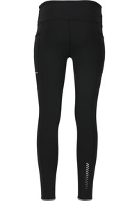 Zwarte leggings met een hoge tailleband, gemaakt van rekbare stof, met zijzakken en reflecterende accenten langs het onderbeen.