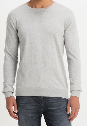 Mann trägt einen hellgrauen Langarmpullover mit Rundhalsausschnitt, kombiniert mit dunkelblauen Jeans, steht vor einem schlichten weißen Hintergrund.