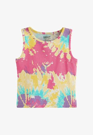 Többszínű, bordázott pántnélküli top, rózsaszín, sárga, kék és lila absztrakt mintákkal. Kerek nyakú és ujjatlan kivitel.