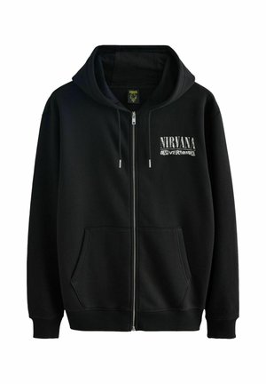 Hanorac negru cu fermoar, cu buzunare frontale, glugă și text alb "NIRVANA Nevermind" pe partea stângă a pieptului.