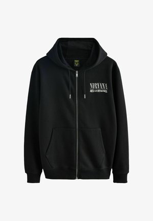 Hanorac negru cu fermoar, cu buzunare frontale, glugă și text alb "NIRVANA Nevermind" pe partea stângă a pieptului.