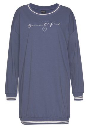 Langärmliges, lila Sweatkleid mit weißem Schriftzug "YOU ARE Beautiful" und Herz. Verfügt über gestreifte Bündchen und einen Taillengummi.