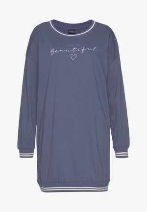 Long-sleeve, purple sweatshirt dress with white lettering saying "YOU ARE Beautiful" and heart. Features striped cuffs and waistband.