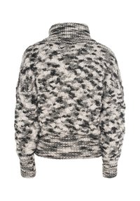 Maglione lavorato a maglia con colletto alto, caratterizzato da un motivo testurizzato in tonalità di nero, grigio e crema. Polsini e orlo a coste.