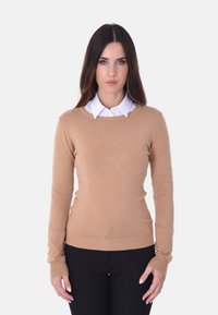 Maglione beige a maglia con maniche lunghe e scollatura rotonda, abbinato a una camicia bianca con colletto sotto. Texture liscia, design aderente.