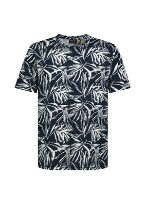 Marineblaues T-Shirt mit kurzen Ärmeln, weißem abstraktem tropischem Blattmuster und rundem Halsausschnitt.