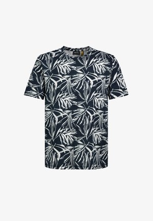 Marineblaues T-Shirt mit kurzen Ärmeln, weißem abstraktem tropischem Blattmuster und rundem Halsausschnitt.