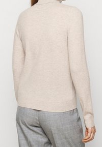 Pull en laine beige et doux avec un col haut, des manches longues et un ourlet légèrement arrondi. La texture semble lisse, avec des coutures minimales.