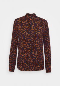 Chemise à manches longues en tissu violet foncé ornée d'un motif floral abstrait orange, avec une patte de boutonnage à l'avant et un col classique.