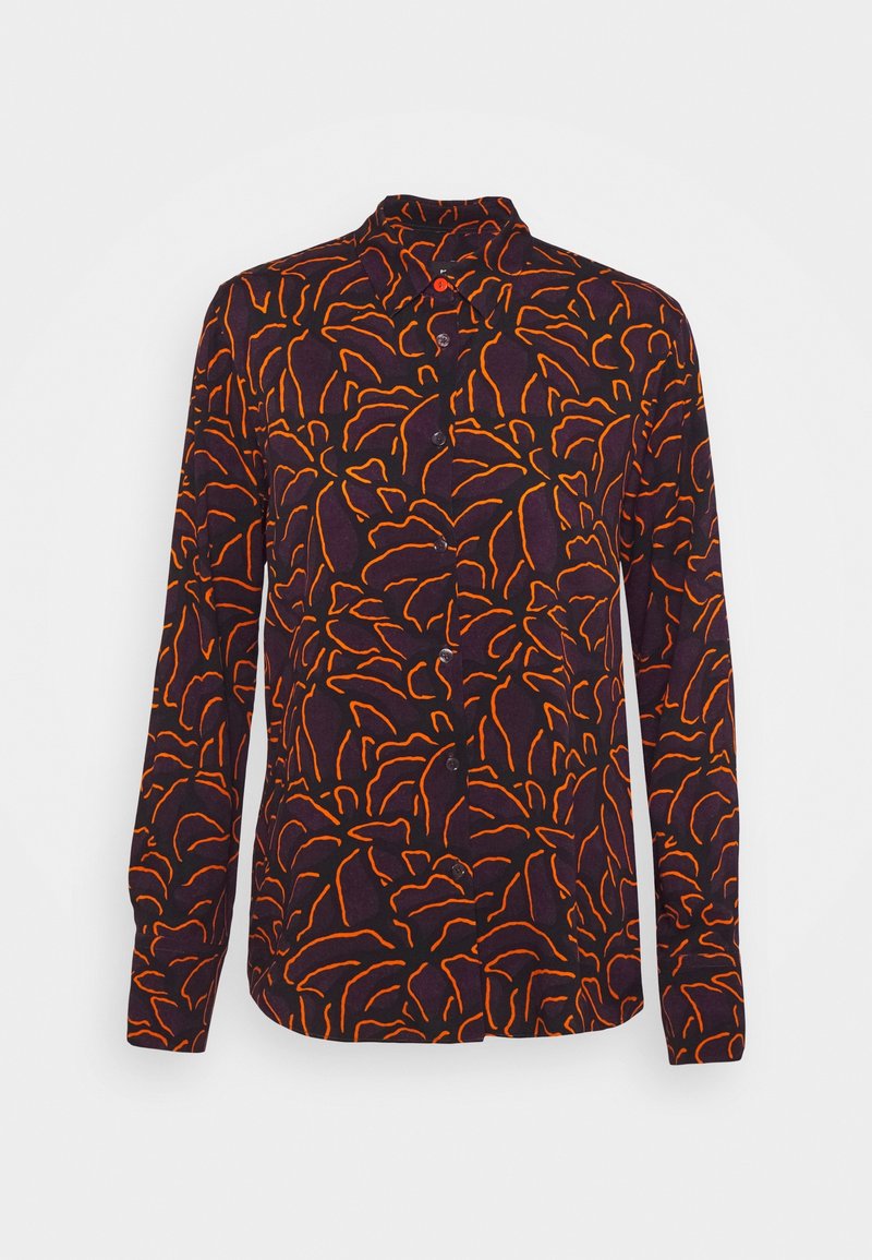 Chemise à manches longues en tissu violet foncé ornée d'un motif floral abstrait orange, avec une patte de boutonnage à l'avant et un col classique.