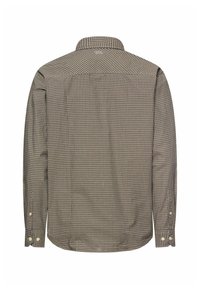 Langærmet herreskjorte med knapper, med brunt og beige småternet mønster, lige rygstykke og knaplukning ved manchetterne.