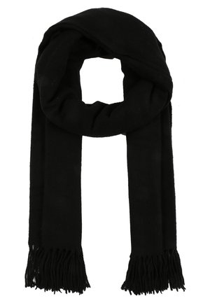 Écharpe en laine noire avec extrémités à franges, pliée en boucle sur un fond blanc.