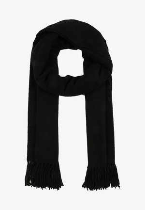 Écharpe en laine noire avec extrémités à franges, pliée en boucle sur un fond blanc.