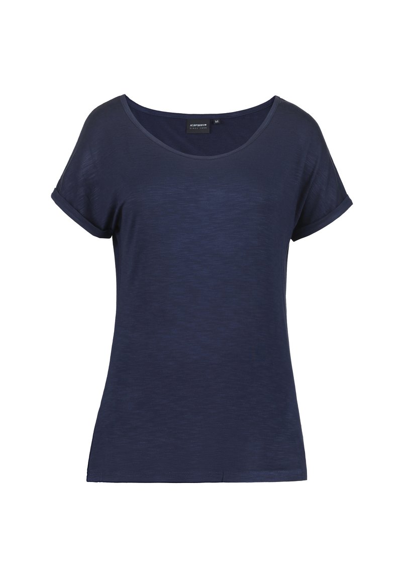 Camiseta de manga corta en azul marino con un escote ancho y corte relajado. Tejido suave y ligero con un sutil patrón texturizado.