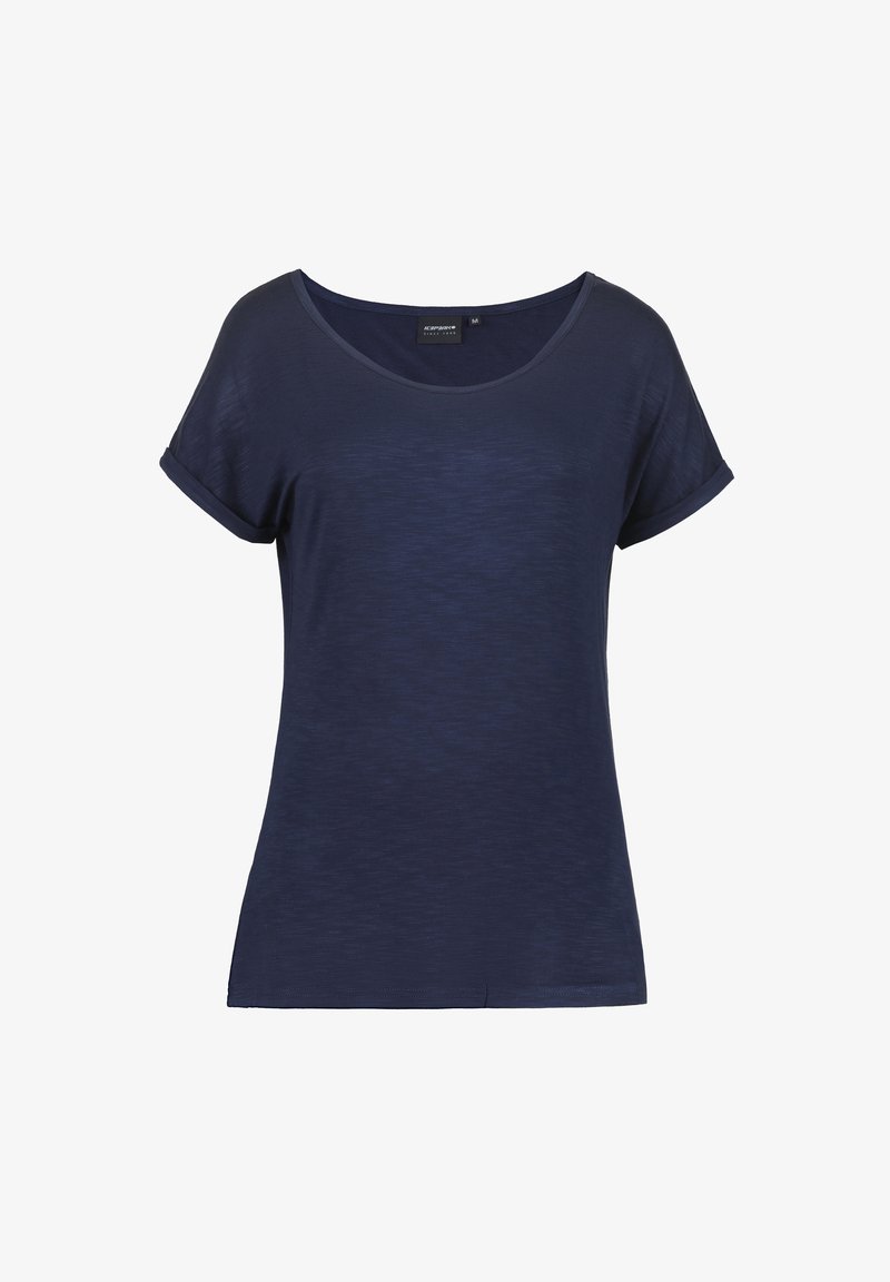 Camiseta de manga corta en azul marino con un escote ancho y corte relajado. Tejido suave y ligero con un sutil patrón texturizado.