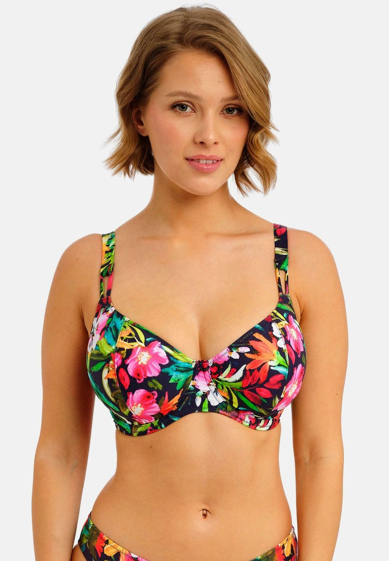 Florales Bikinioberteil mit Bügeln, dunklem Hintergrund und lebendigen Mustern in Pink, Orange und Grün; verstellbare Träger und gerafftes Mittelstück.