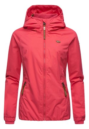 Veste imperméable rose avec capuche, dotée de poches zippées et de poignets élastiques. Coutures plates et détail de logo sur la poitrine.