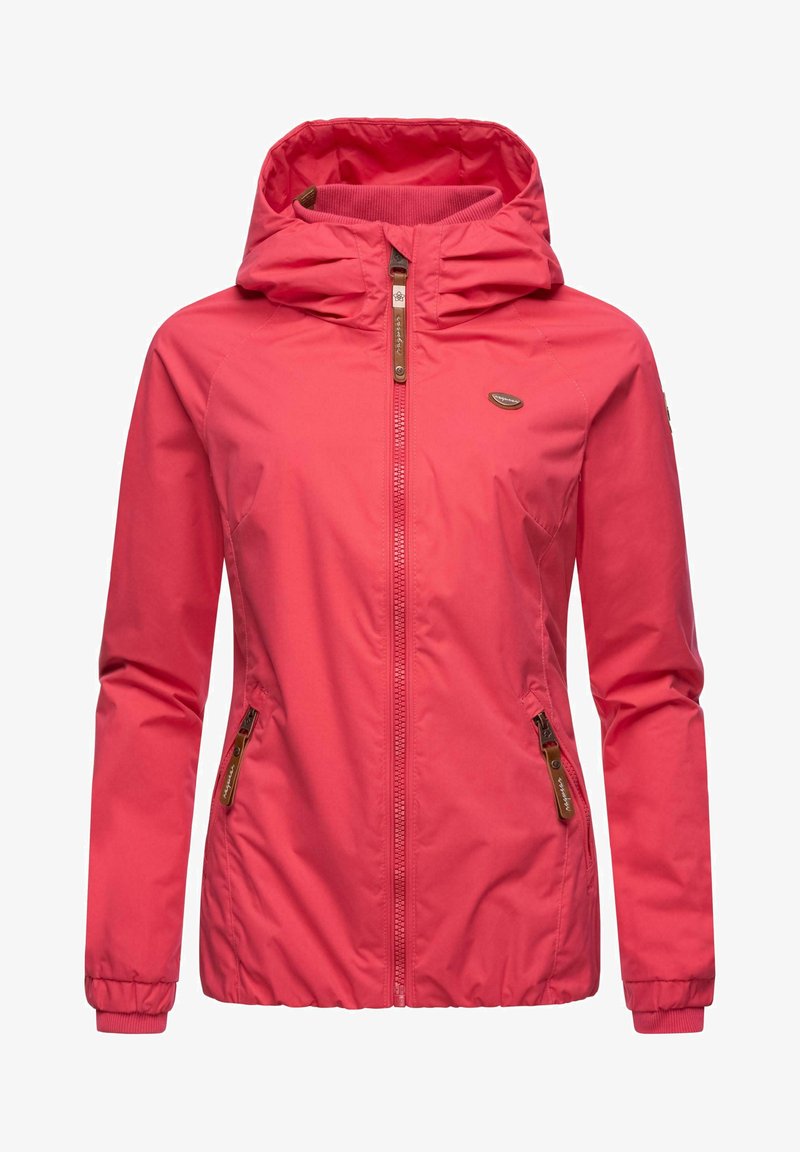 Pink waterproof jacket with a hood, featuring zippered pockets and elastic cuffs. Flat seams and a logo detail on the upper chest.
