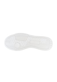 Suola di sneaker bianca in gomma con motivi testurizzati, accenti circolari e dettagli del battistrada vari per una migliore aderenza. Bordo liscio e design minimalista.