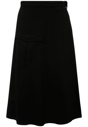 Mustat midi-hameet, jotka on valmistettu sileästä kankaasta, sivutasku, vihreä vyötärö ja liehuva alaosa, jossa on hienovarainen kaari.