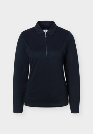 Naiste must pikkade varrukatega polosärk tekstuurse kangaga ja esiosa lukk kraest kuni rinna keskosani.