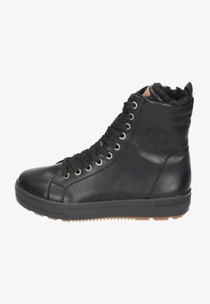 Black leather high-top sneaker with round toe, padded collar, metal eyelets, and textured rubber sole. Laces provide adjustable fit.