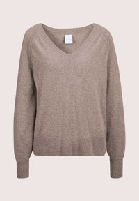 V-Ausschnitt-Pullover aus weichem taupefarbenem Strick, mit gerippten Bündchen und Saum, lässiger Passform und dezenten Glanz in der Stofftextur.