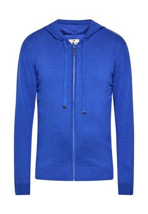 Blauwe hoodie met lange mouwen en ritssluiting aan de voorkant en een capuchon met trekkoord, gemaakt van fijngebreide stof.