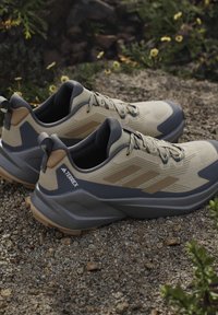 Par beige og grå Adidas Terrex vandresko på grus med små gule blomster og grønt løv i baggrunden.