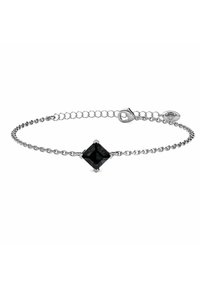 Bracciale in argento con un centrale gemma quadrata nera, fissata con griffe, e un moschettone per la chiusura.