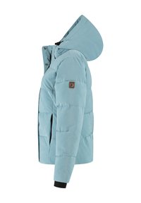 Lichtblauwe gewatteerde winterjas met aangehechte capuchon, zwarte binnenmanchetten en een klein logo-opbackup op de bovenste mouw, zij-aan-zij weergegeven.