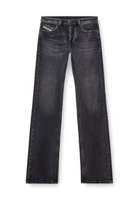 Black denim jeans with a straight leg design, featuring whiskering on the front, contrasting stitching, and traditional five-pocket styling.