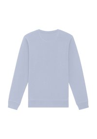 Sweatshirt bleu clair en tissu doux, avec un col rond, des manches longues et des poignets et un ourlet côtelés. Texture lisse, sans motifs.